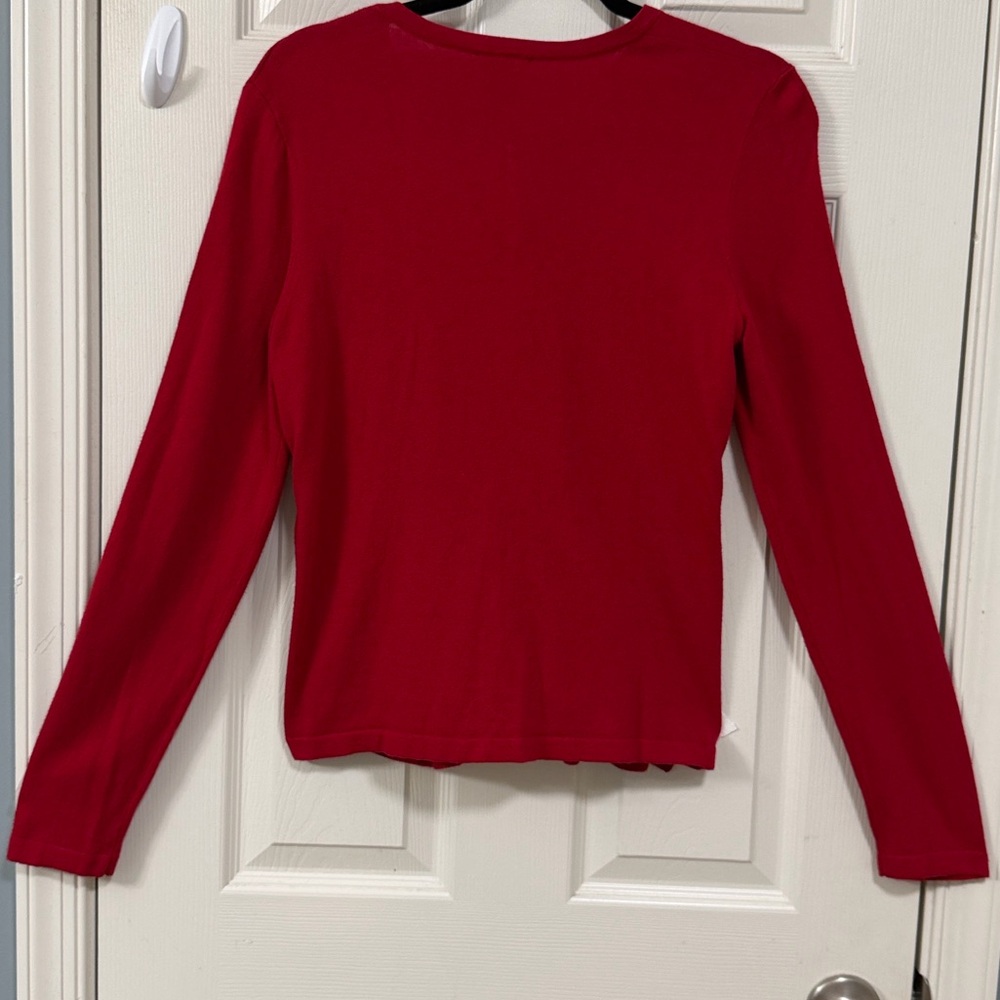 Ann Taylor Red Ruffled Button Down Sweater Holiday Cocktail Party Office - Picture 4 of 15